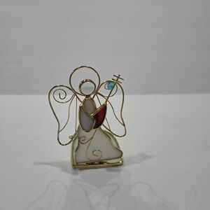 Stained Glass Gold Wire Angel Figurine with Multicolor Accents